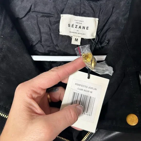 Sezane Black Leather Moto Jacket Size M Full Zip Retro Classic NWT Timeless - Picture 3 of 13